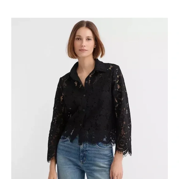 LOFT Black Lace Button-Up Blouse - Picture 1 of 6